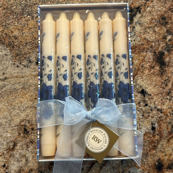 6 Rosalind Walshe cream colored candles adorned with blue flower appliqués - Picture 2 of 5